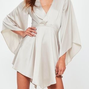 Missguided Nude Plunge Flared Sleeve Skater Dress